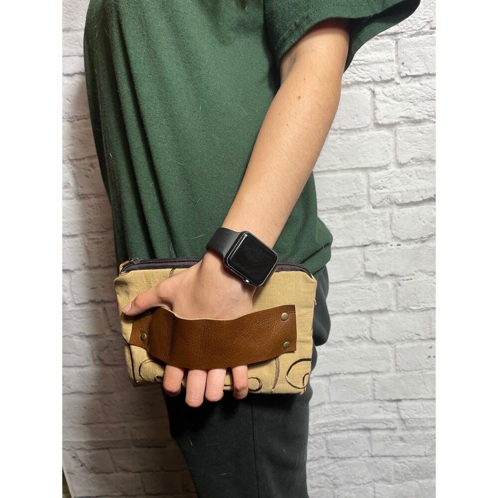 handmade, small clutch, leather and fabric